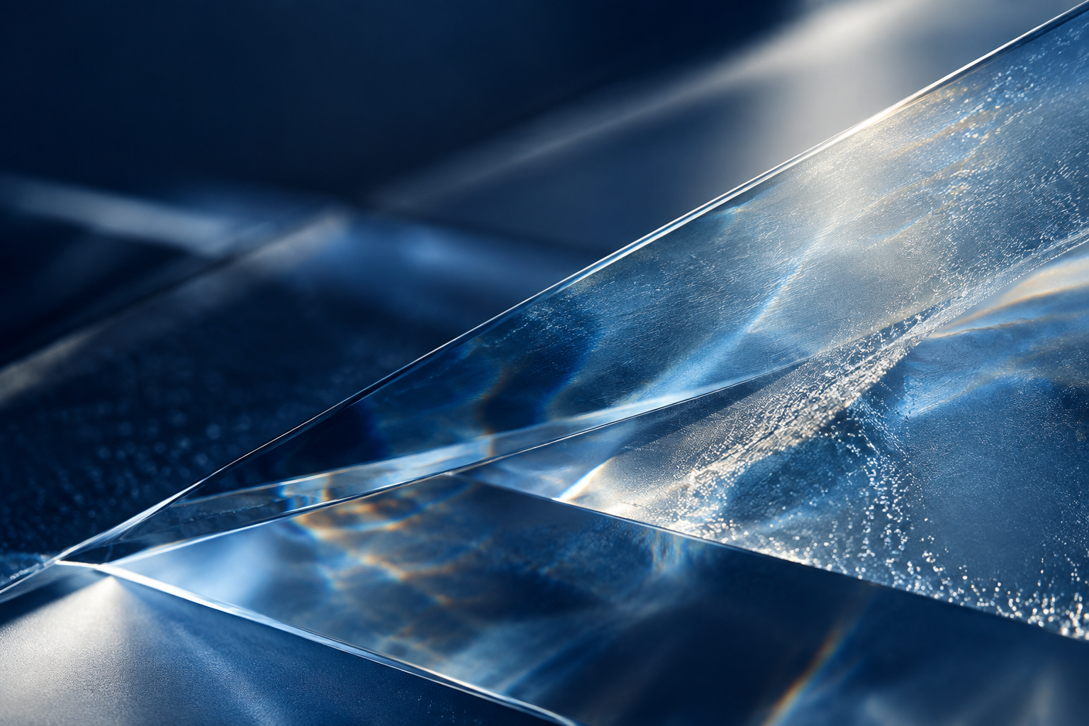 Light refracting through layered blue glass
